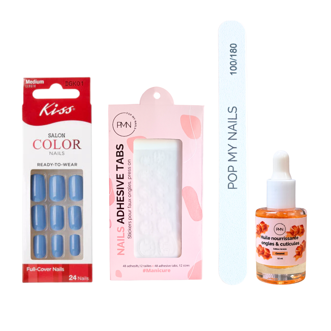 Pack press on nails Kiss Products & soin (press on + tabs + lime à ongles + huile nourrissante ongles & cuticules) - Salon Color