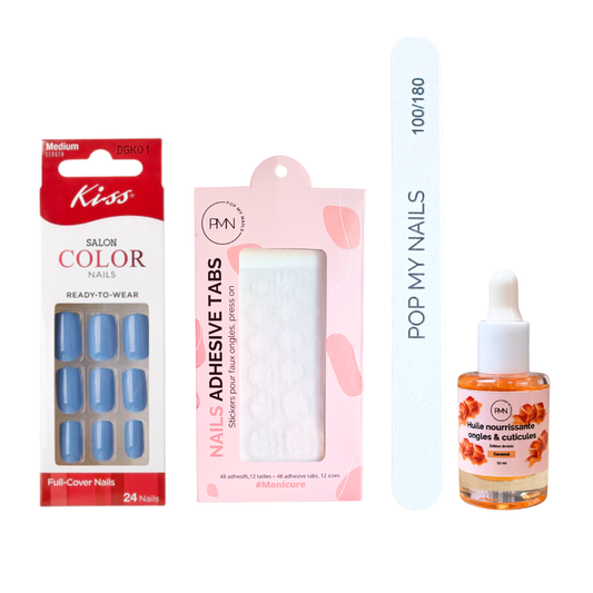 Pack press on nails Kiss Products & soin (press on + tabs + lime à ongles + huile nourrissante ongles & cuticules) - Salon Color