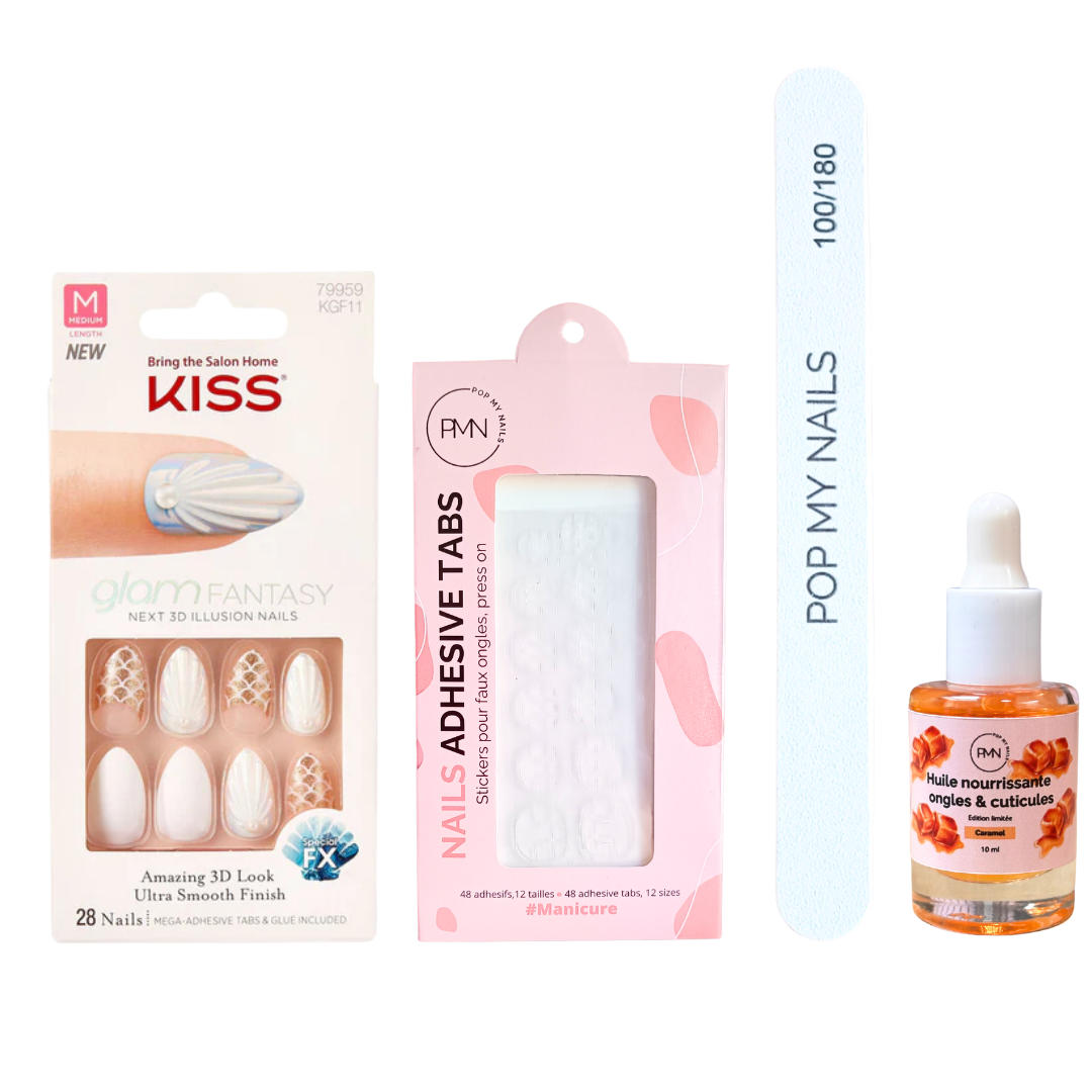 Pack press on nails Kiss Products & soin (press on + tabs + lime à ongles + huile nourrissante ongles & cuticules) - Shooting Stars