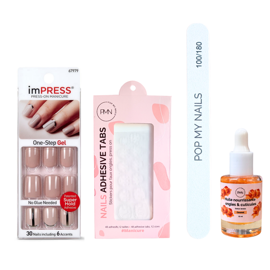Pack press on nails imPRESS Manicure & soin (press on + tabs + lime à ongles + huile nourrissante ongles & cuticules) - Cross My Heart