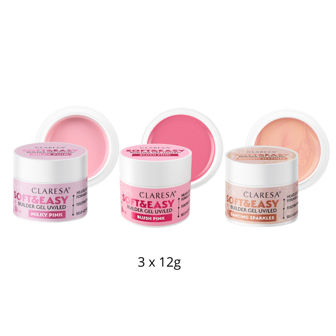 Claresa | Pack Gel Builder Soft & Easy 3x 12g - Dancing Sparkles, Milky Pink, Blush Pink