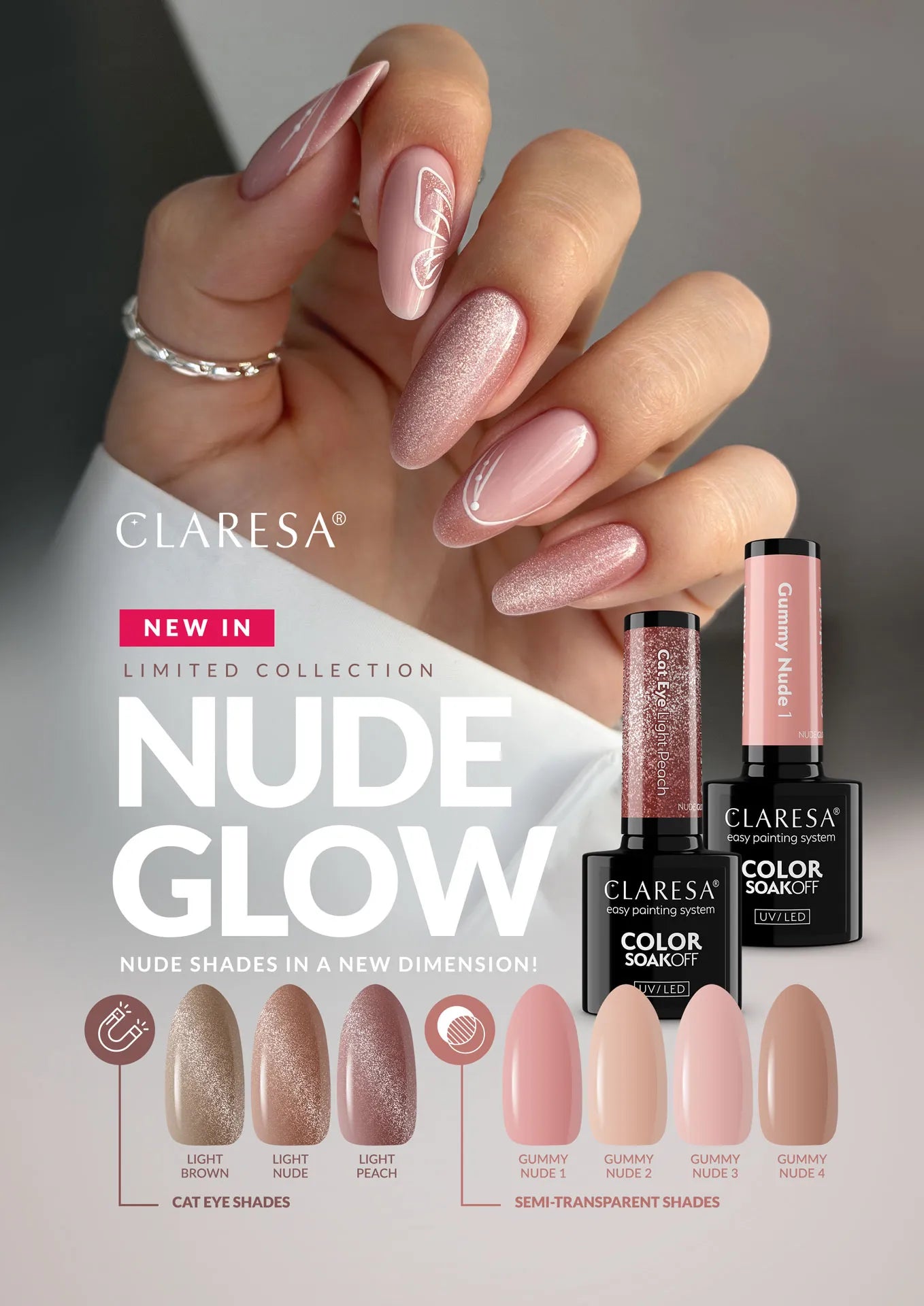 Claresa | Vernis semi-permanent Nude Glow Cat Eye - Light Peach - 5ml