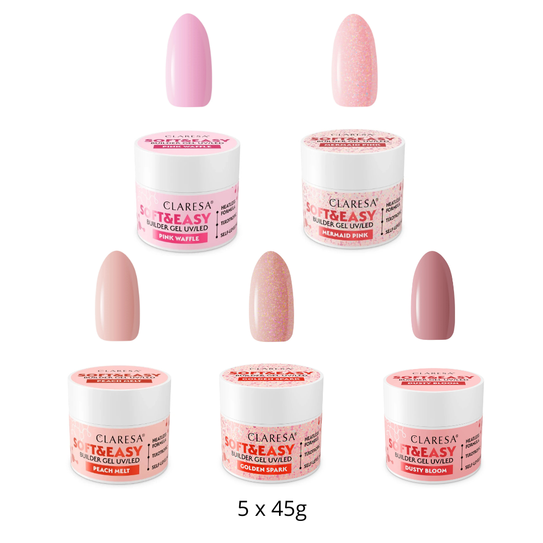 Claresa | Pack Gel Builder Soft & Easy 5x45g - Pink Waffle, Mermaid Pink, Peach Melt, Golden Spark, Dusty Bloom