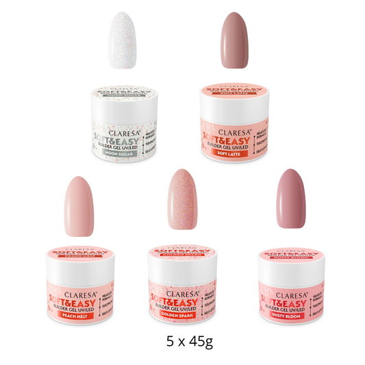 Claresa | Pack Gel Builder Soft & Easy 5x45g - Moon Sugar, Soft Latte, Peach Melt, Golden Spark, Dusty Bloom