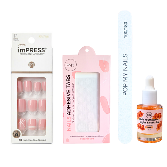 Pack press on nails imPRESS Manicure & soin (press on + tabs + lime à ongles + huile nourrissante ongles & cuticules) - Timeless (petite taille)