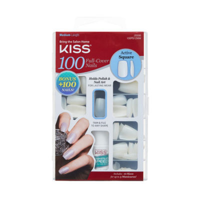 Kit de 100 faux ongles Kiss Products Full Cover Active Square avec fond blanc