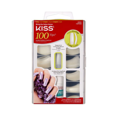 Kit de 100 faux ongles Kiss Products Full Cover Curve Overlap avec fond blanc