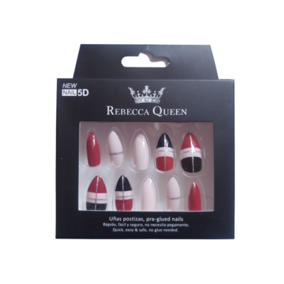 Faux ongles pré-collés Rebecca Queen Amande Rouge et Noir avec fond blanc