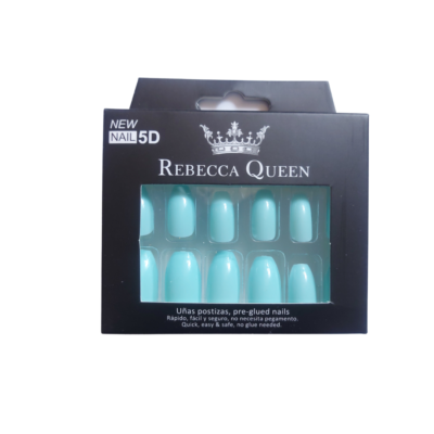 faux ongles pré-collés Rebecca Queen Bleu Turquoise avec fond blanc