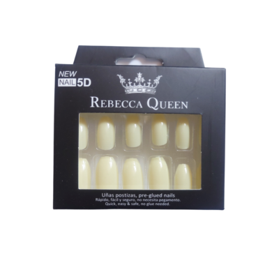 Faux ongles pré-collés Rebecca Queen Jaune Pastel avec fond blanc