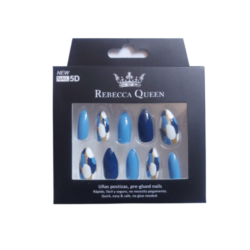 faux ongles rebecca queen amande painted blue avec fond blanc
