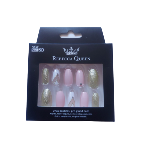12 faux ongles pré-collés Rebecca Queen Pink Gold avec fond blanc