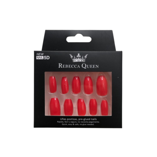12 faux ongles pré-collés Rebecca Queen Glossy Red avec fond blanc