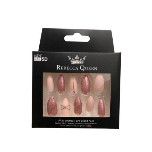 12 faux ongles pré-collés Rebecca Queen Pink Glitter avec fond blanc